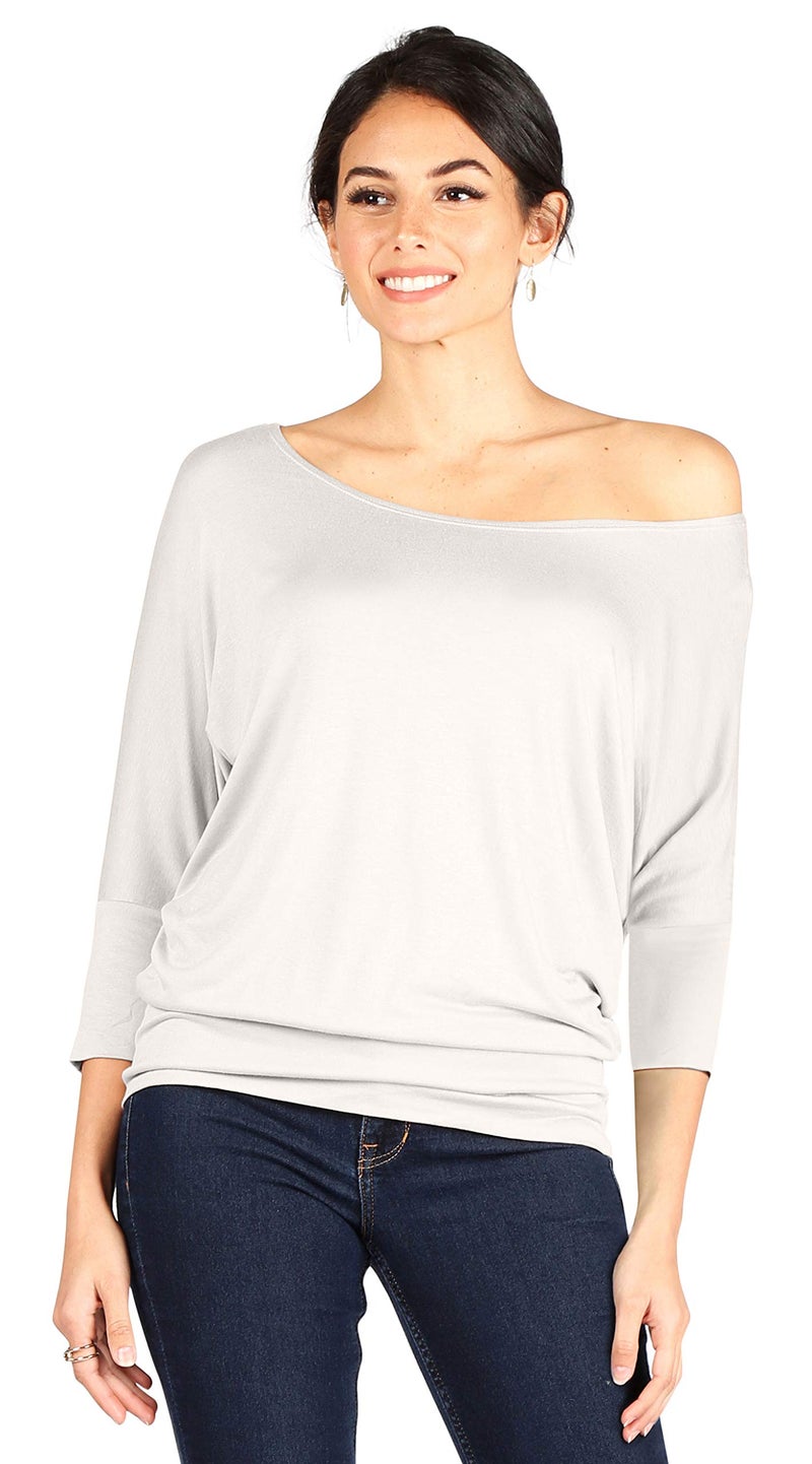 Simlu Womens Jersey Off the Shoulder Sweater Top Round Scoop Neck,Ivory,Small - Image 2